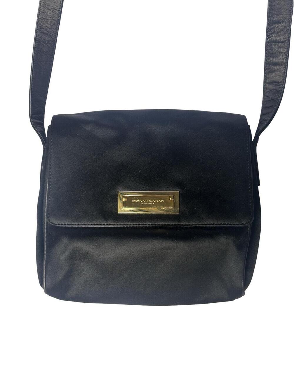 Donna Karan New York Black Nylon Shoulder Bag Gold Plaque Made in Italy